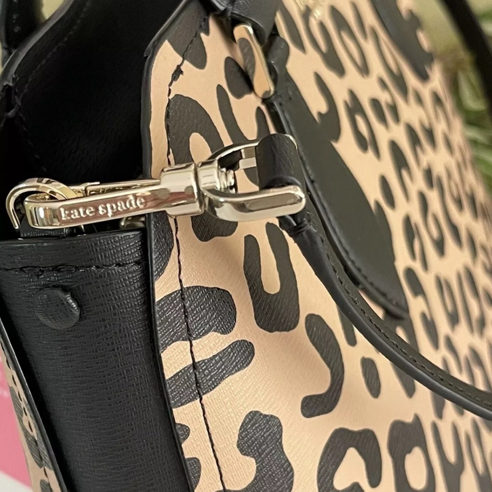KATE SPADE DARCY LEOPARD LARGE SATCHEL SHOULDER BAG CROSSBODY TOTE LEATHER BLACK - Picture 5 of 9